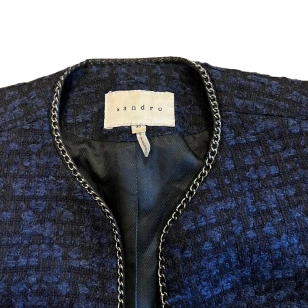 Sandro Paris Wool & Leather Blue Marine Black Knit Jacket w/ Chain Size 36 /US 4 - Picture 6 of 8